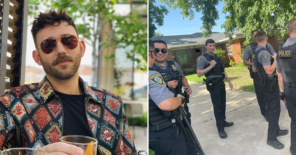 Split screen of two images: on the left, gay Twitch streamer Nickolas Potter, a recent victim of ‘swatting;' on the right, on the right, multiple police officers in a residential area