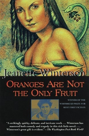 Cover of Oranges are Not the Only Fruit, one of our necessary queer reads. A split screen cover, the bottom half is the title in orange text on a black background. The top half is a oil-painting like image of a woman with a snake wrapping around her.