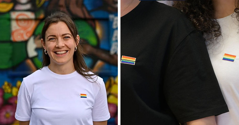 Split screen: smiling woman wearing white Pride tee from Human Collective against a colourful graffiti wall (left), a close up of the black and white Pride tees on two models (right)