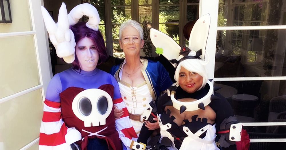 Jamie Lee Curtis poses in cosplay with her daughter Ruby and her wife Kynthia on their wedding day