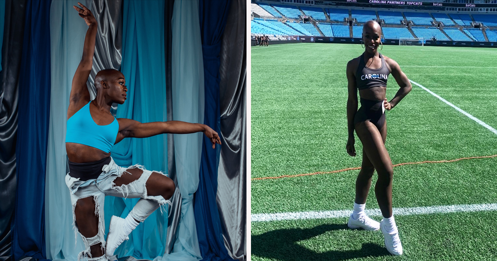 Trans cheerleader Justine Lindsay posing in a split image.