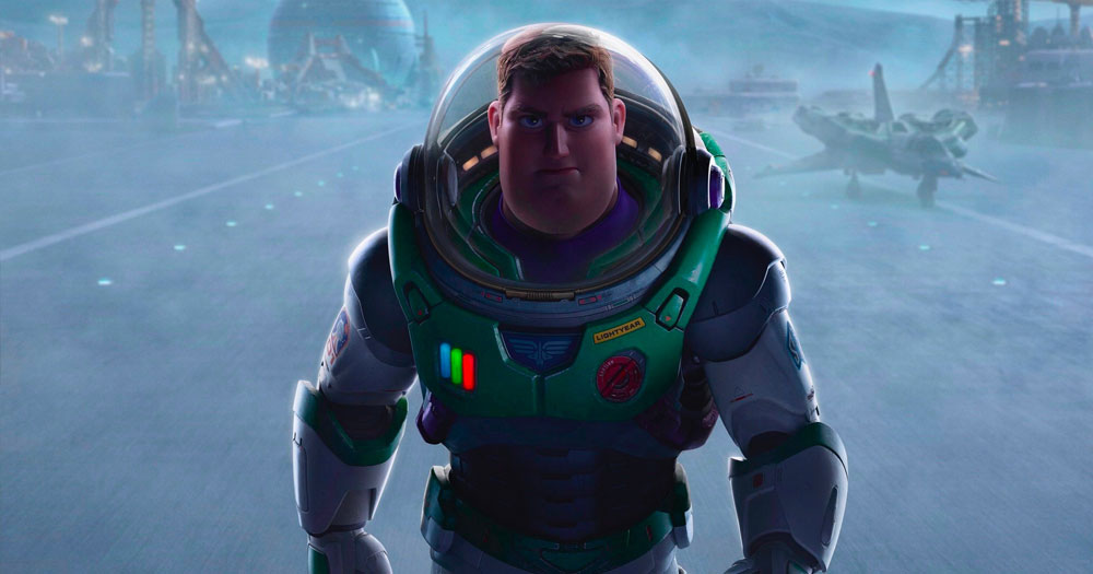 A still from the new Disney film 'Lightyear', with title character staring intensely at the camera in shadows