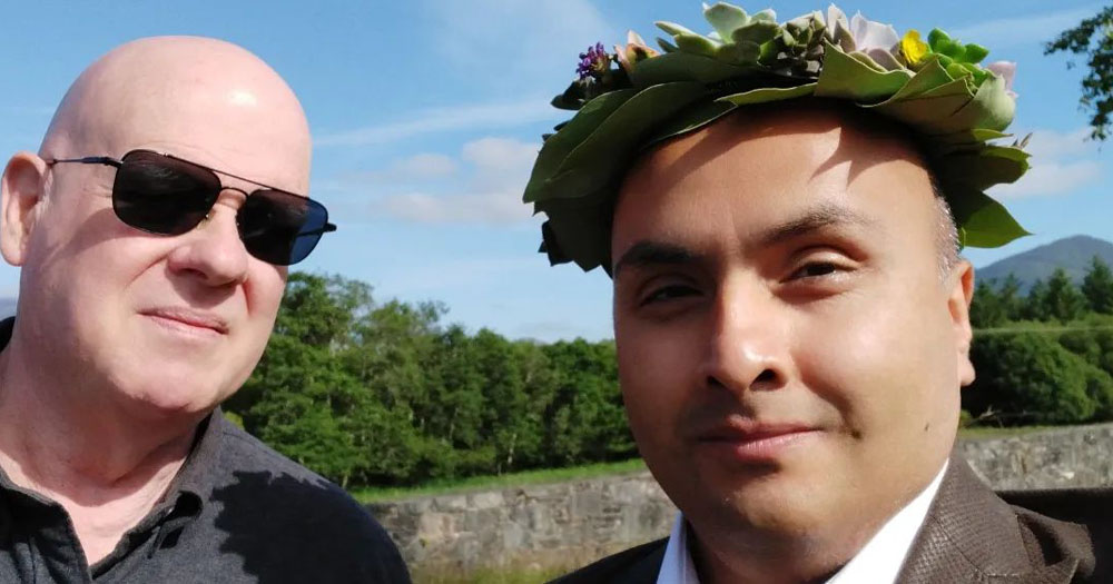 The photograph shows Héctor Belmonte (right) and his husband Robert (left) who became an Irish citizen earlier this month. Héctor is wearing a crown of succulent plants to represent his native Mexico.