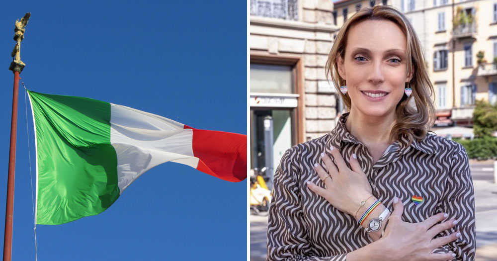 Split-screen: flag of Italy (left), Monica Romano, Milan's first Transgender city councillor (right)
