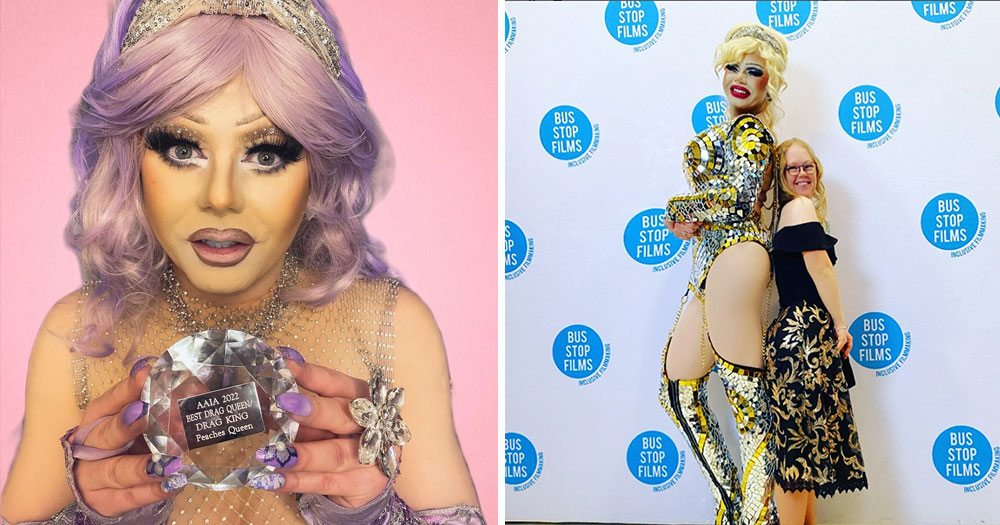 Split screen: Peaches Queen holding her award (left), Peaches Queen and costar Ellen Maher posing back-to-back (right)