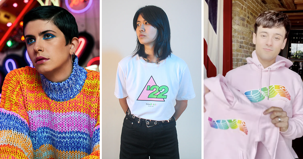 A split screen of three different people wearing Pride clothes