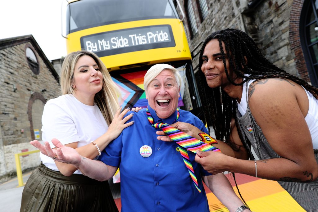 Dublin Bus partnership photo with ambassadors Nadia Funaro and Marco Dias.