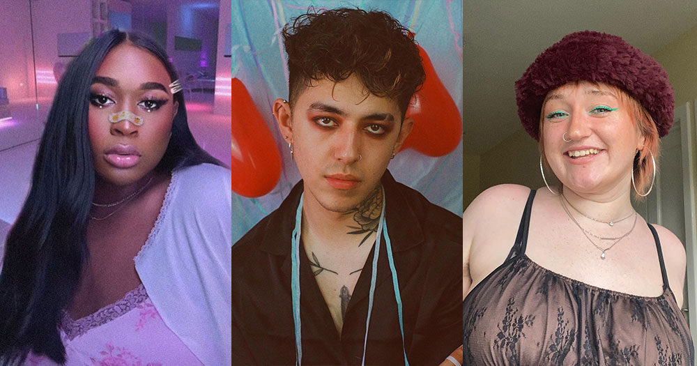 Split screen of three photos. Each photo is one of the LGBTQ+ TikTokers featured in this piece. Left photo is @_psyiconic wearing long hair and a purple outfit. Middle photo is @jammydodged wearing red eye makeup and a black shirt. Right photo is @bratzr0ckangel wearing a red fuzzy hat and a tank top.