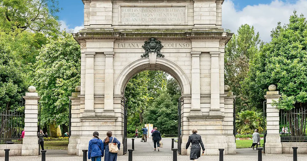 The colour photograph shows the front of Fusiliers Arch at the entrance to Stephen's Green where three people were allegedly hospitalised in a transphobic attack during Dublin Pride.
