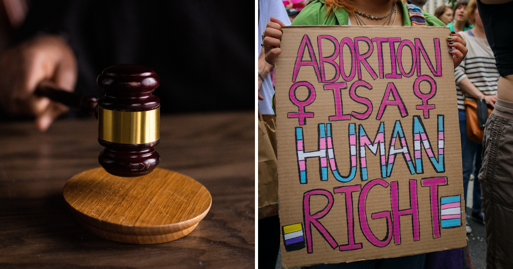 Left: A gavel, Right: A pro-abortion poster in the US