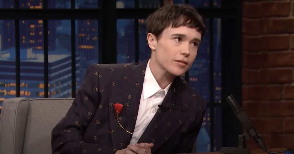 Still of Elliott Page on Seth Meyer's show talking about his Umbrella Academy character's transition