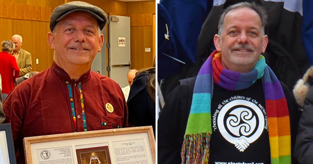 Brendan Fay side-by-side, shown accepting his Pax Christi award and attending the St Pats for All parade.
