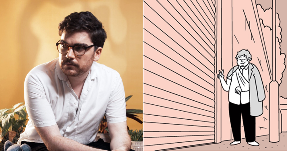 Split screen of a moody man in glasses looking into the distance and an illustration of a man waving on the street