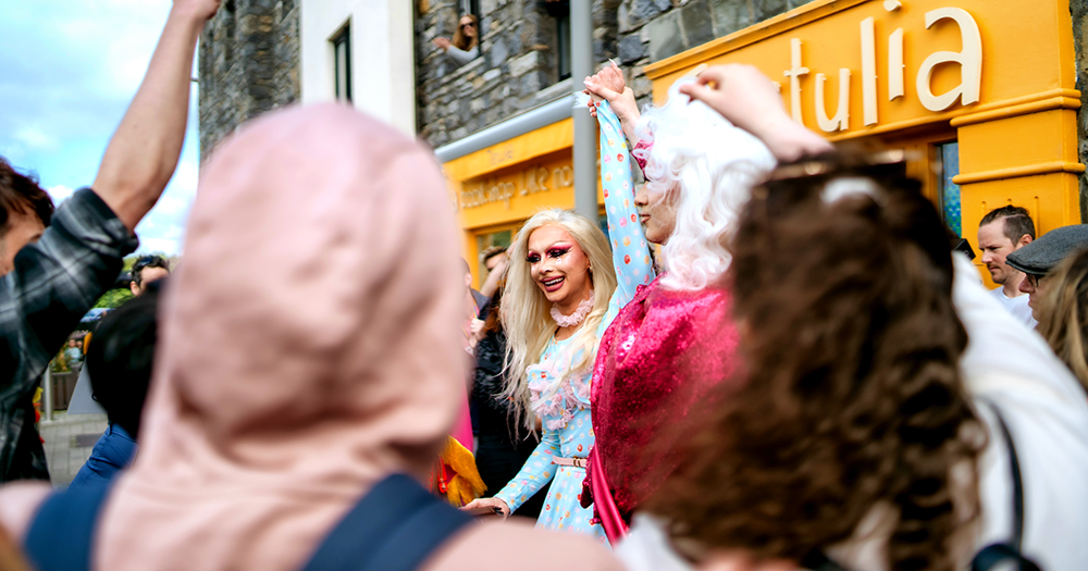 Annie Queeries outside the Mayo Pride Drag Storytime event.