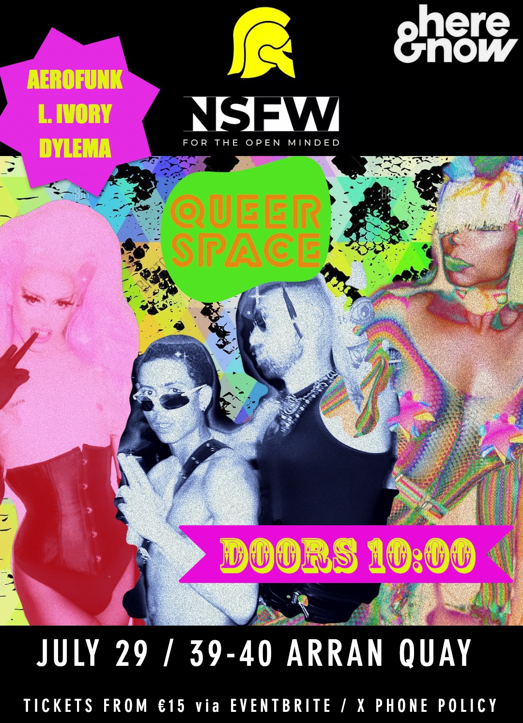 A colorful, collage-style poster for the upcoming NSFW party , announcing its location, time and performers.