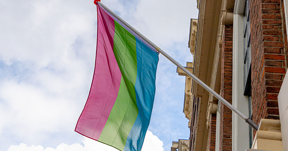 Polysexual flag hanging from a building (pink, green, and blue flag representing polysexuality Pride).