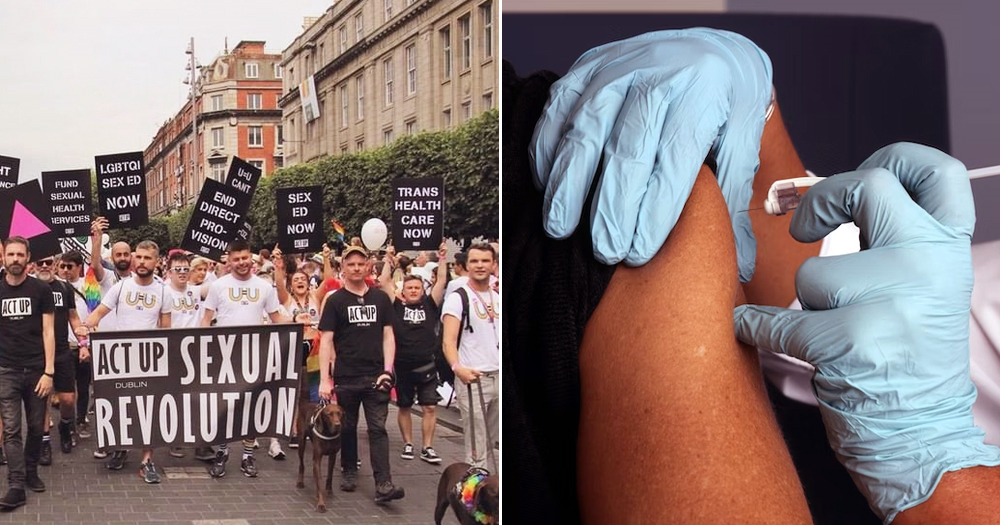 A split screen of ACT UP Dublin, who demanded further action on monkeypox vaccination, marching and a persona being inoculated with a vaccine.