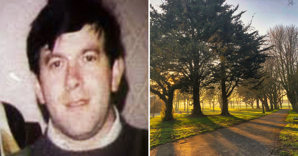 Split screen of Declan Flynn (left) who is featured in a new documentary and Fairview Park (right) where he was murdered.