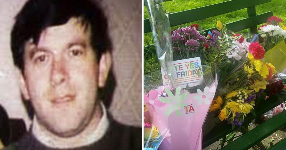 Split screen of Declan Flynn and flowers on a bench where he was killed.