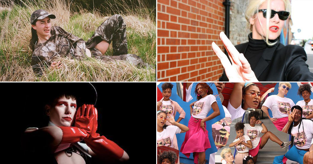 The image shows a four-way split screen of shows featuring at the Dublin Fringe Festival 2022. Top left shows a person lying in grass in camouflage. Top Right shows a woman holding her hand in front of a face as if trying to stop a camera from taking a picture. Bottom left shows a man wearing red leather gloves in a praying pose. Bottom right is a montage image of black female or female presenting artists.