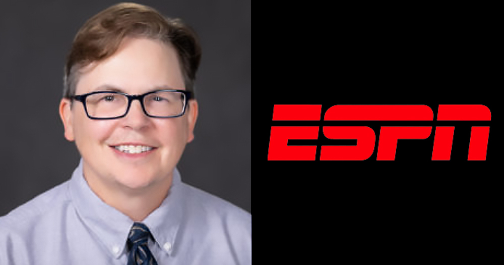 A split screen of M.A. Voepel and the ESPN logo. Voepel came out as Trans in a heartfelt tweet earlier this week.