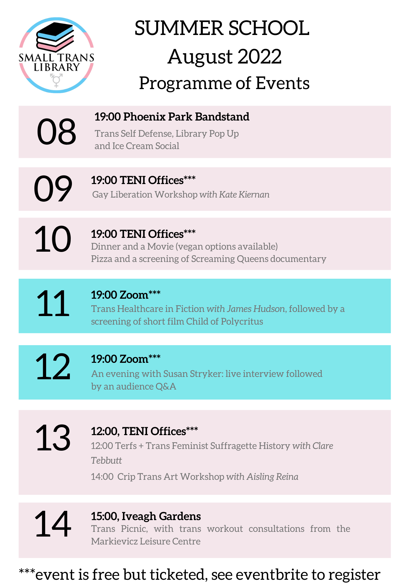 Event line-up for the Small Trans Library Summer School.