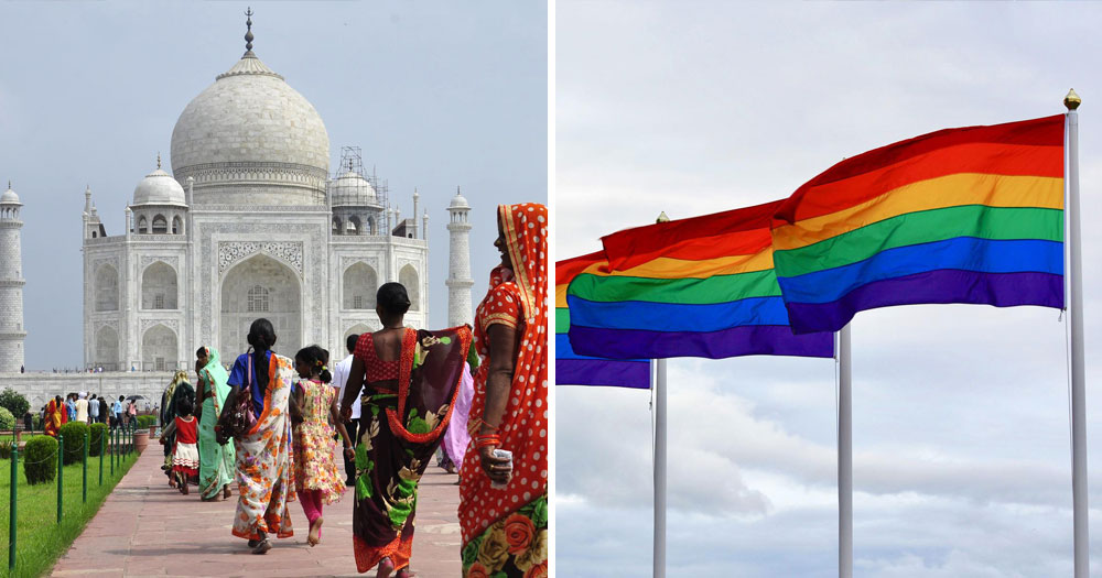 Split screen: Taj Mahal in India (left), series of rainbow flags against a bright sky (right)