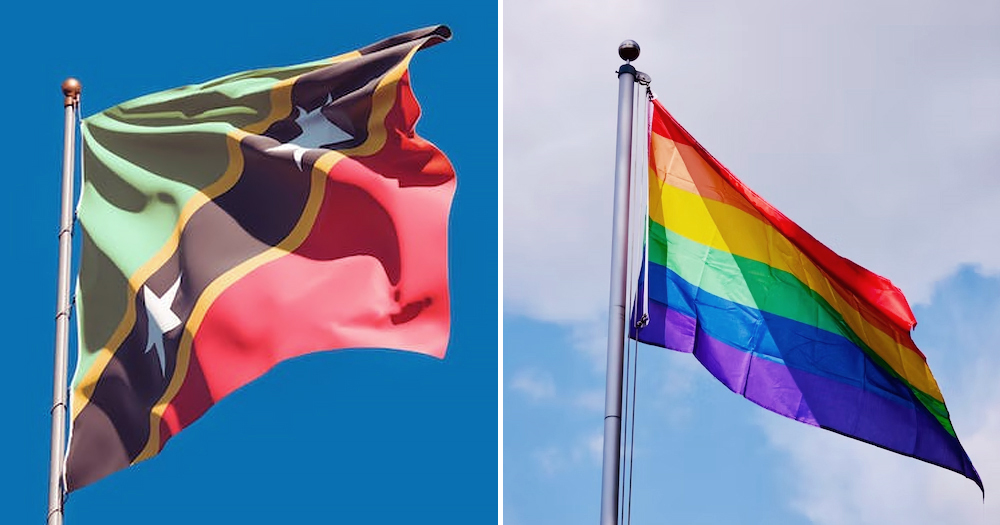 A split screen of the flag of Saint Kitts and Nevis, where a Caribbean court overturned a ban on same-sex relationship, and a Pride flag.