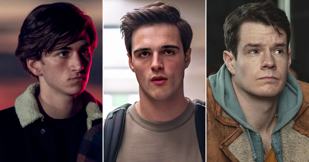 Split screen with 3 characters who embody the closeted bully trope: Ben from Heartstopper (left), Nate from Euphoria (centre) and Adam from Sex Education (right).