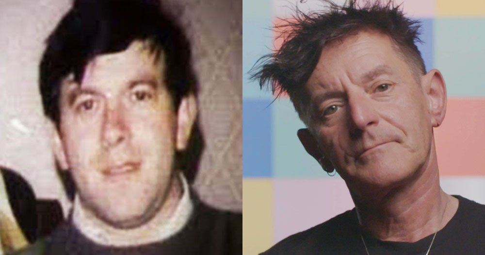 The image shows a split screen of two portraits from the new Declan Flynn documentary. On the left is a photograph of Declan, on the right is a screenshot of Tonie Walsh.