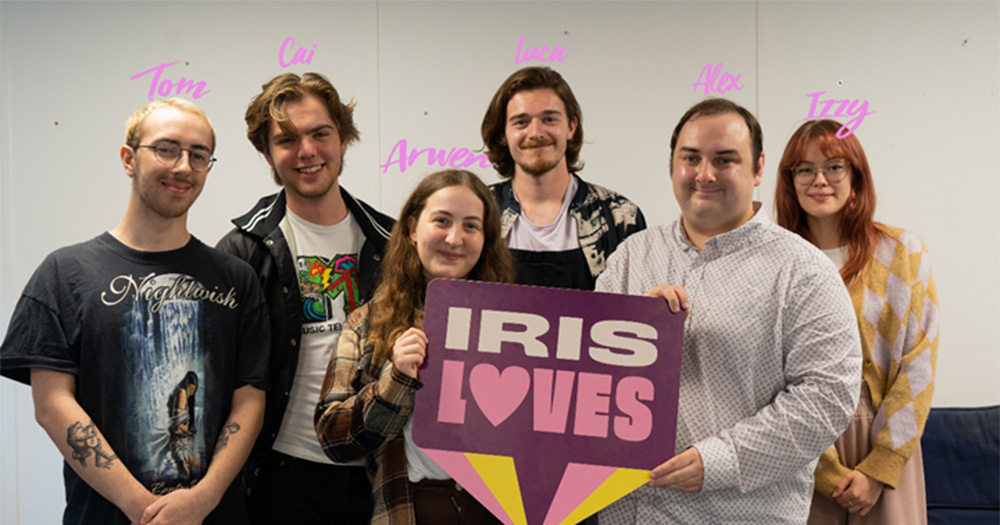 an image of the Iris Prize LGBTQ+ film festivals judges. Their names are above their heads in pink writing.
