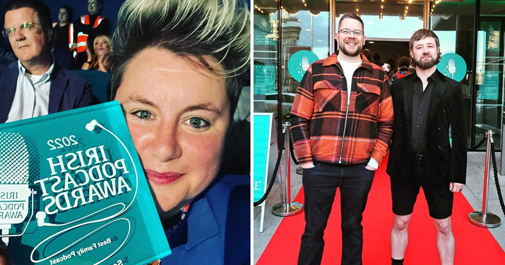 Split screen of two of the winners at the Irish Podcast Awards: Kate Brennan Harding (left) and Peter Dunne and Liam Geraghty (right).