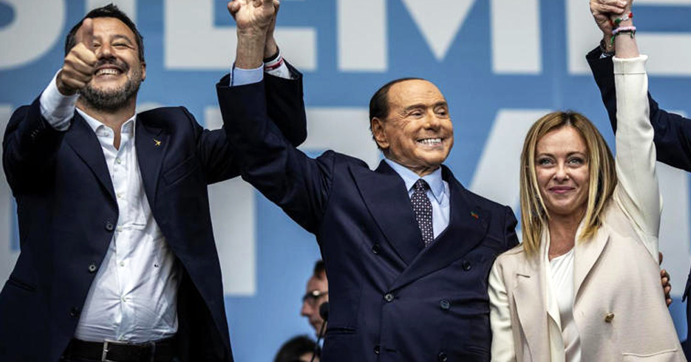 Far-right leaders who won 2022 elections in Italy: Matteo Salvini (left), Silvio Berlusconi (centre) and Giorgia Meloni (right).
