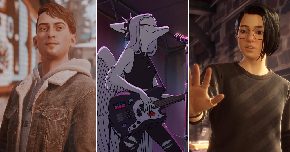Split screen of three video games featuring LGBTQ+ characters: Tell Me Why (left), Goodbye Volcano High (centre), Life is Strange (right).