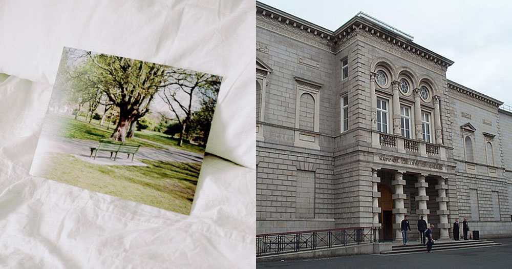The image is a split screen of two images. On the left is a photograph of a park bench lying on a white duvet cover. The photo on the right shows the front of the National Gallery of Ireland. It is a grey stone fronted Georgian building.