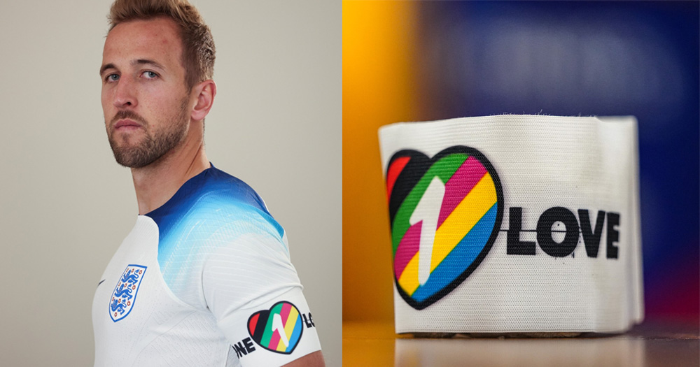 Harry Kane pictured on the left wearing the OneLove Campaign armband with a close up of the armband on the right