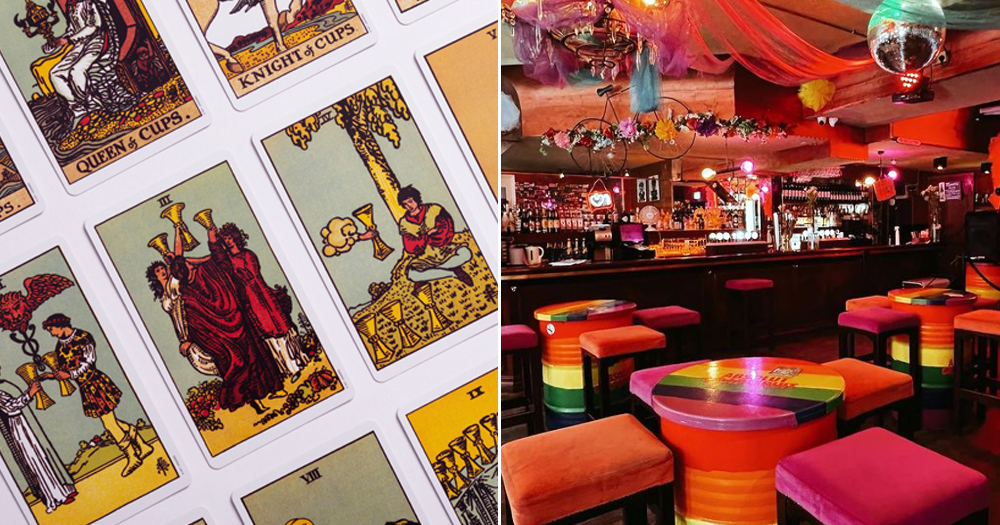Split screen with pictures of tarot cards on the left and Street 66 Bar on the right.