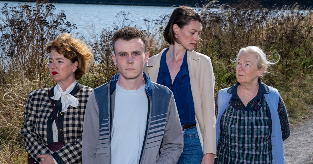 An image of four of the cast members of the new adaptation of The Blackwater Lightship. The lead character Declan is the only person looking directly into the camera. The three remaining characters are looking away or at each other.