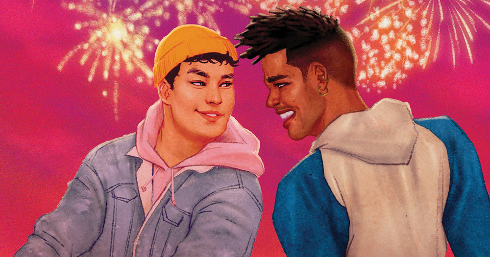 An illustration of two smiling young men with fireworks going off behind them
