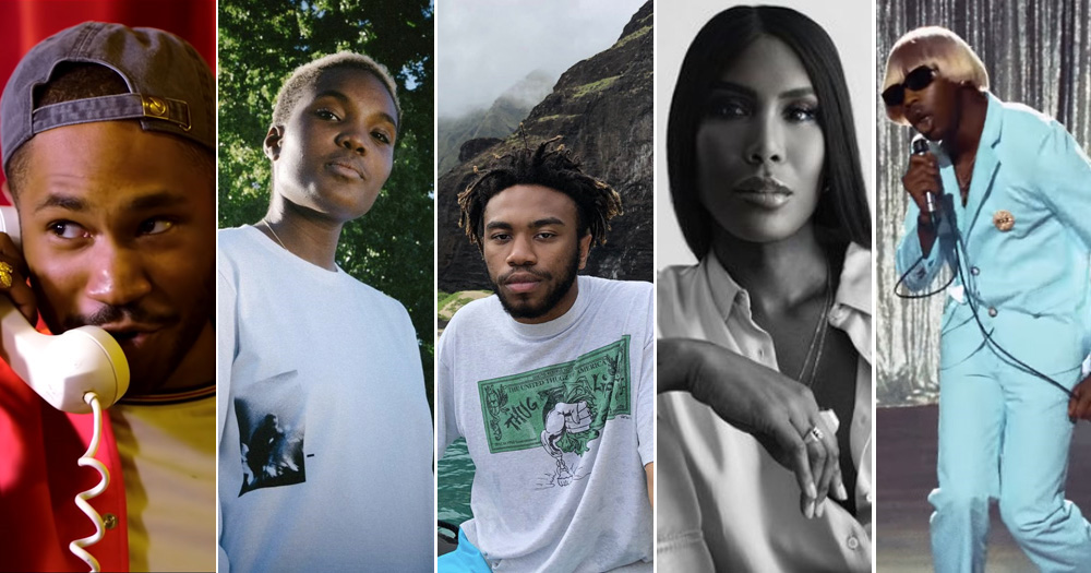Split image from left to right of musicians KAYTRANADA, Arlo Parks, Kevin Abstract, Honey Dijon and Tyler the Creator.