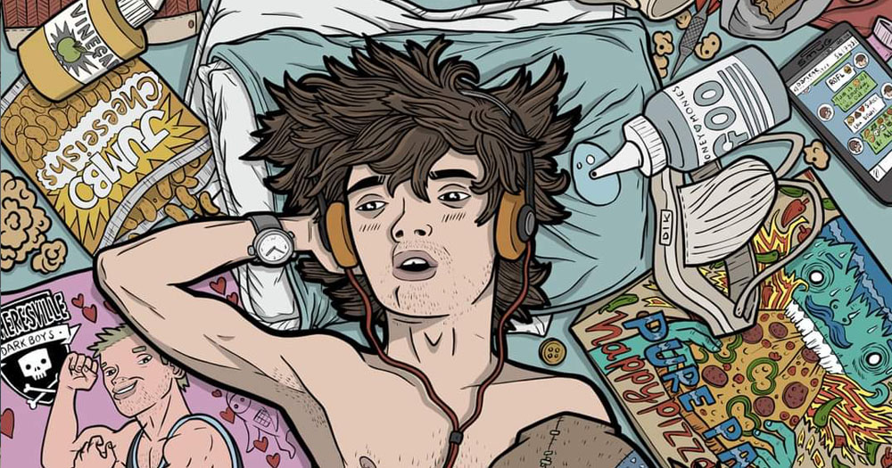 The illustration shows Adler, the lead character of the Darkboy and Adler comics, lying on a pillow with his arm behind his head. The room around him is strewn with rubbish.