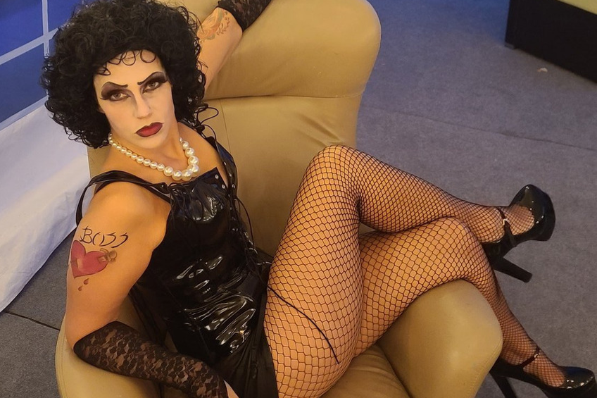 A person wearing a Frank-N-Furter costume from The Rocky Horror Picture Show. This costume is a last minute Halloween costume idea.