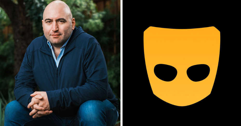 A photo of the new CEO of Grindr, George Arison beside the logo for Grindr.