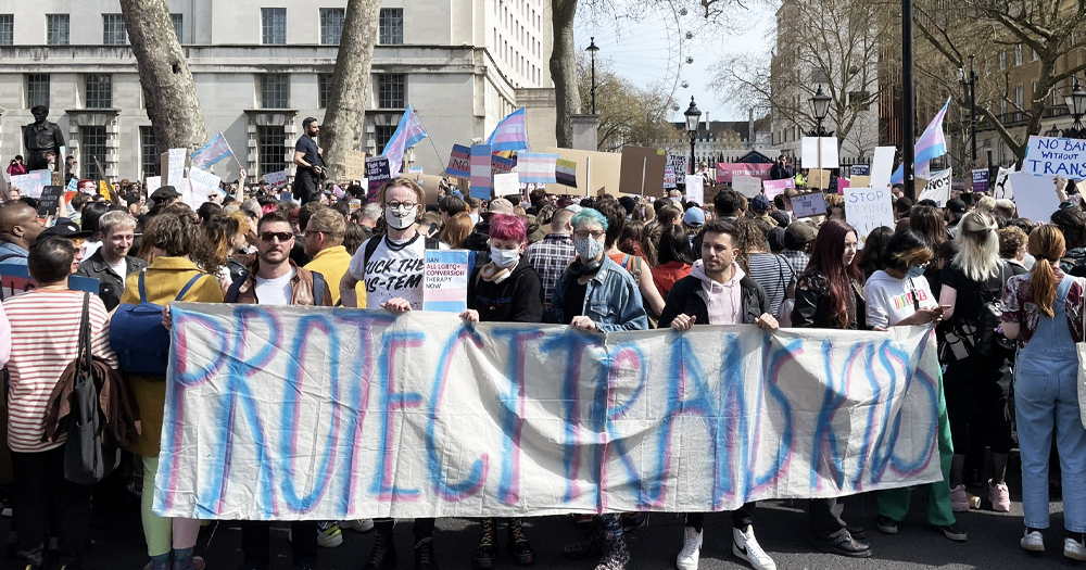 A protest for Trans rights in the UK, where hate crimes rose in the last year.