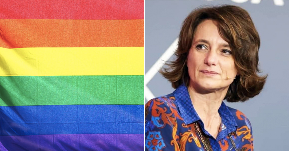 Split screen with Miniter Bonetti from Italy, who introduced the new LGBT+ strategy, and a Pride flag.