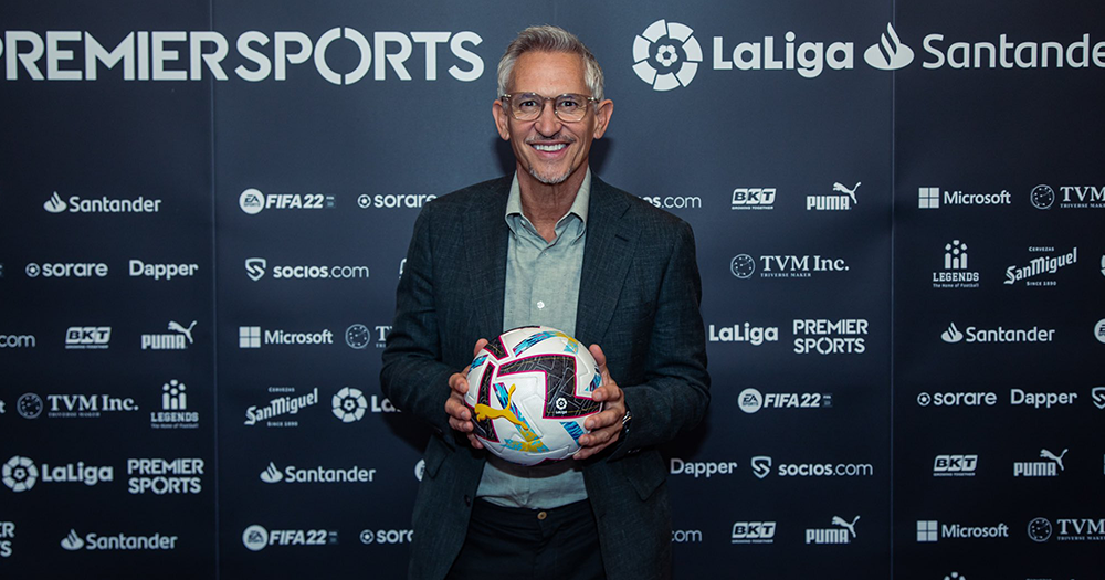 Gary Lineker holding a football.