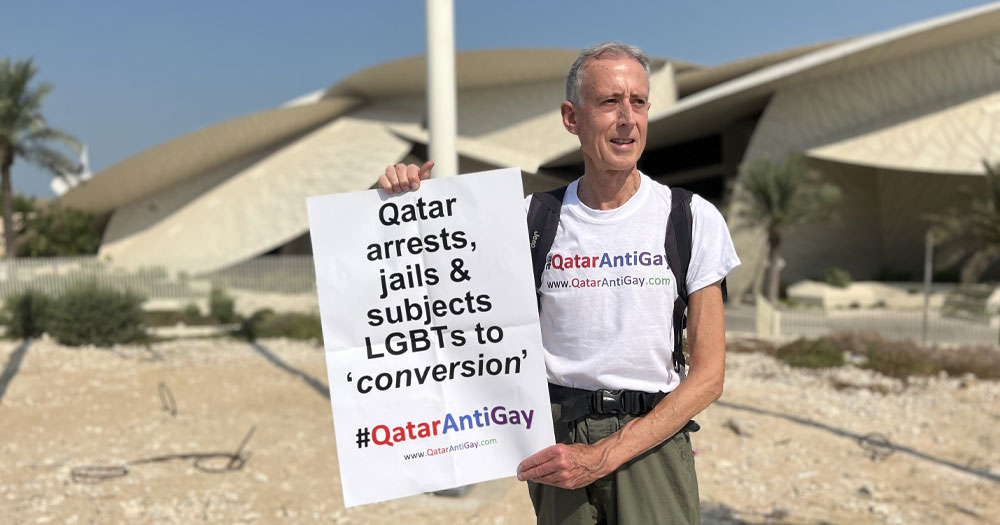 Activist Tatchell while staging the first LGBTQ+ protest in Qatar.
