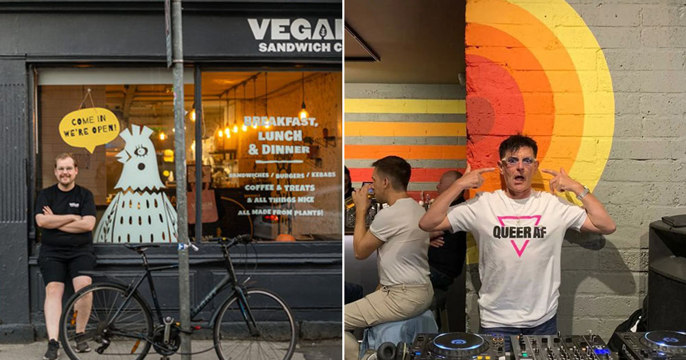 A split screen image of a restaurant owner standing in front of the Vegan Sandwich Company storefront and a man standing in front of an orange wall wearing a Queer AF shirt. The businesses represent LGBTQ+ venues risking closure following surging energy bills in Ireland.