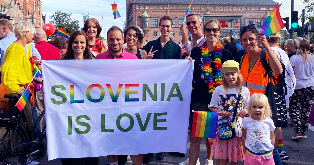 A Pride march in Slovenia, which legalised same-sex marriage and adoptions.