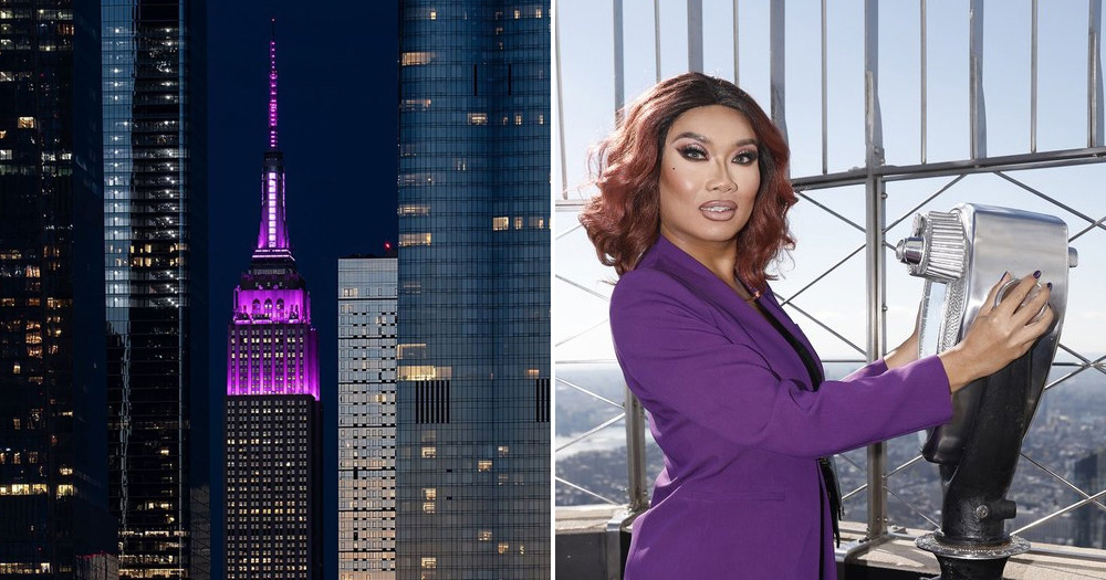 Split image with a picture of the Empire State Building in purple for Spirit Day 2022 on the left, and a photo of Drag Queen Jujubee on the right.
